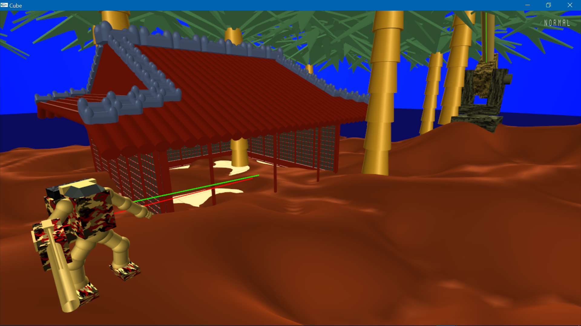 OpenGL scene with character, dojo and palm trees